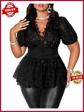 Plus Size Sexy Peplum Lace Top Sheer Mesh Going Out Short Sleeve T-Shirt